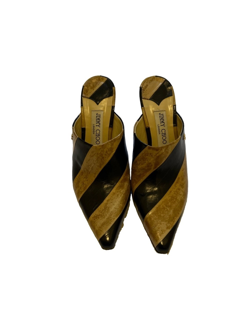 Jimmy Choo Rya 90 Mules Women’s Black and Tan Striped Heels 38.5/8.5